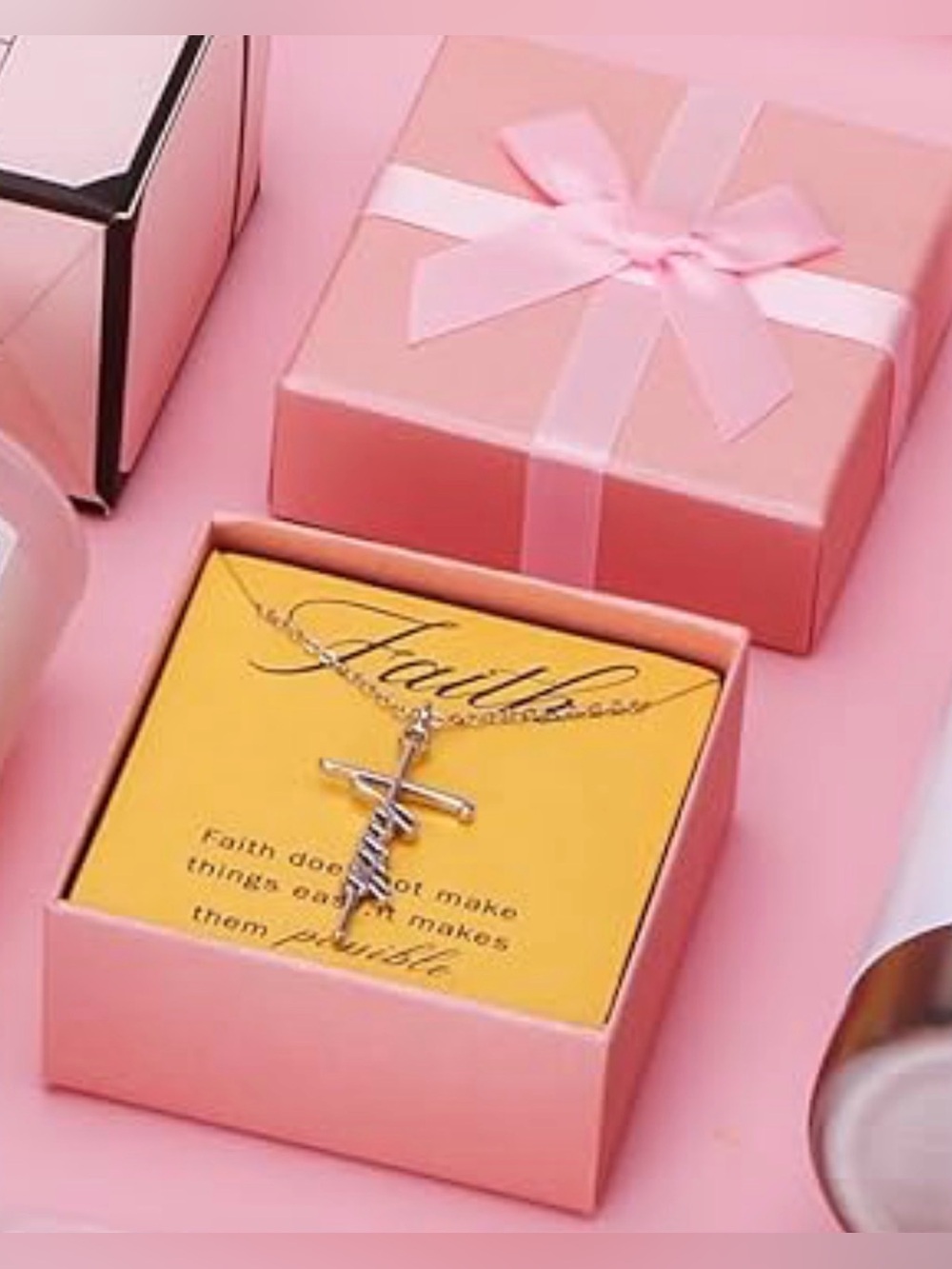 Faith Cross Necklace Silver Tone Inspirational Pendant Necklace & Pink Gift Box